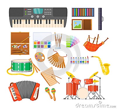 Paint arts tool kit, design artists supplies and classical musical instruments Vector Illustration