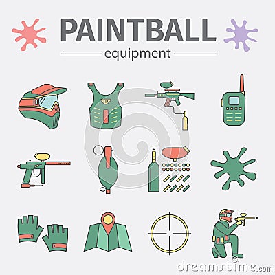 Paint-ball equipment. Colored icons set on white background. Modern flat design. Vector Illustration
