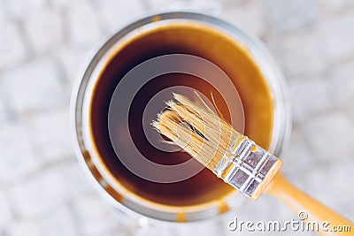 Paint brush on the can. Top view. House renovation, home improve Stock Photo