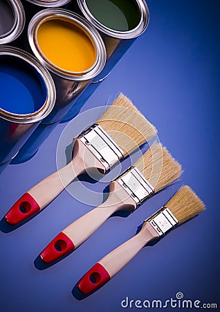 Paint brush and cans Stock Photo