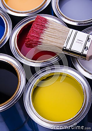 Paint brush and cans Stock Photo