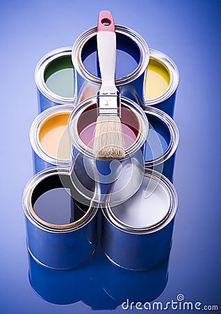 Paint brush and cans Stock Photo