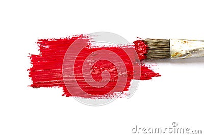 Paint brush with red color and paint stroke on white ba Stock Photo