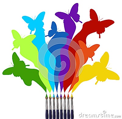 Paint brushes and colored butterflies rainbow Vector Illustration