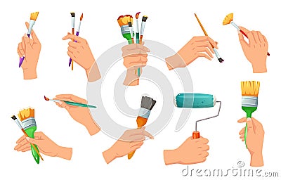Paint brushes in hands. Creative drawing, artwork studio workshop and artist hand holding painting tool cartoon vector Vector Illustration