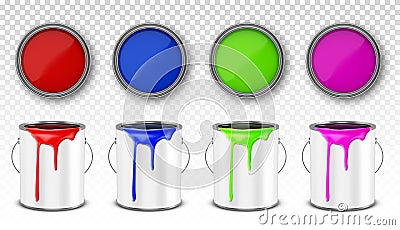 Paint buckets, steel cans with paint drips Vector Illustration