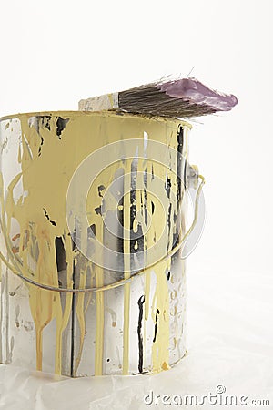 Paint can with brush ont top Stock Photo