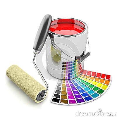 Paint can, palette and roller brush. Concept 3d Stock Photo