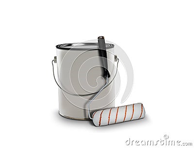 Paint can and roller brush Stock Photo