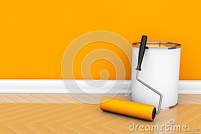 Paint can with roller brush Stock Photo