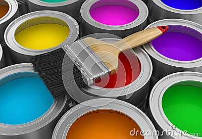 Paint cans with brush (clipping path included) Stock Photo