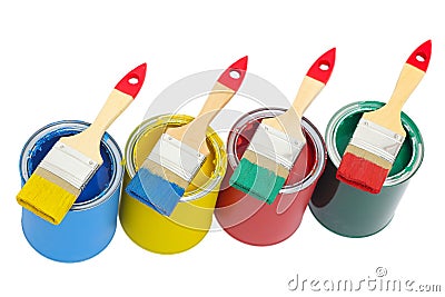 Paint cans with brush Stock Photo