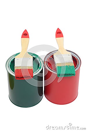 Paint cans with brush Stock Photo