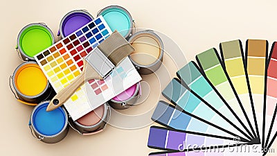 Paint cans, color guides and paintbrush. 3D illustration Cartoon Illustration