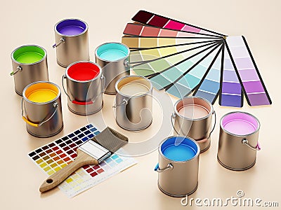 Paint cans, color guides and paintbrush. 3D illustration Cartoon Illustration