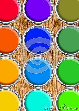 Paint cans color palette, cans opened top view on wooden table Stock Photo