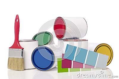 Paint cans, paint brush and color chart Stock Photo