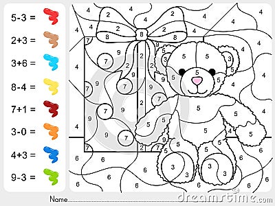 Paint color by numbers - addition and subtraction worksheet for education Vector Illustration