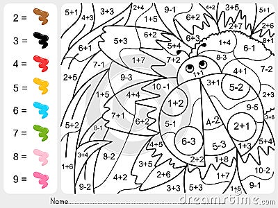 Paint color by numbers - addition and subtraction worksheet for education Vector Illustration