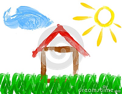 Paint drawing of house and sun - made by child Stock Photo