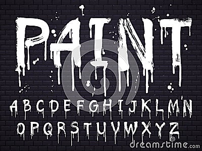 Paint dripping paint font for latin alphabet isolated on dark background with bricks. White oil letters Vector Illustration