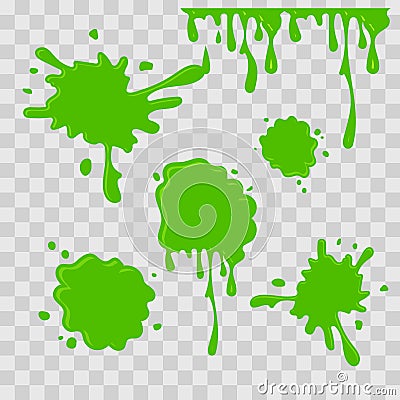 Paint drop abstract illustration. Green slime on checkered transparent background. Flat style. Vector set. Vector Illustration