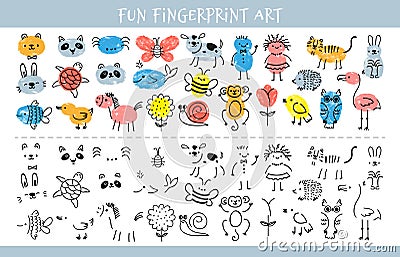 Paint with finger prints. Kids fingerprint learning art game and quiz worksheet with characters. Education drawing for Vector Illustration