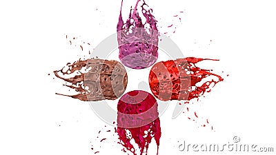 Paint flew out of the jar on white background. Simulation of 3d splashes of ink on a musical speaker that play music Stock Photo