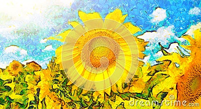 Paint flower.Background of sunny sunflowers. Stock Photo