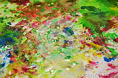 Waxy green blue orange silver splashes, paint abstract creative background Stock Photo