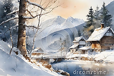 paint like illustration of Asian ancient town lakeside landscape Cartoon Illustration