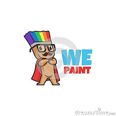 We paint logo. smiling paint brush character with mustache. logo paint. color logo. rainbow paint. Vector Illustration