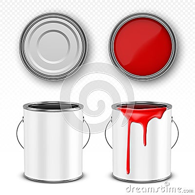 Red paint bucket, steel can with paint drips Vector Illustration
