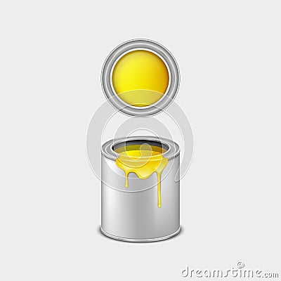 Paint metal bucket, tin can with yellow ink. Realistic 3d mockup of blank steel container with paint Vector Illustration