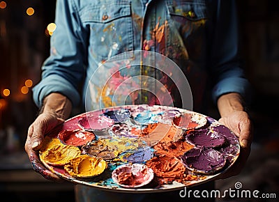 paint palette brushes, different colors. Brushes in hand. Palette paint. artist's hands painting vibrant strokes on a canvas Stock Photo