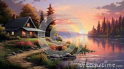 Paint a picture of a serene lakeside cottage Stock Photo