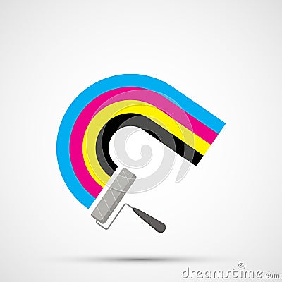 Paint roller draws a rainbow in CMYK ink Vector Illustration