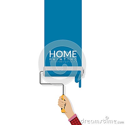 Paint roller in hand painting blue color on empty wall with word HOME and copy space for your text or company name. house painting Vector Illustration