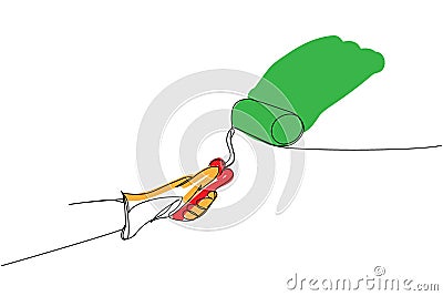 Paint roller in hand, protective gloves, roller leaves a trace one line art. Continuous line color drawing of repair Vector Illustration