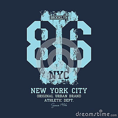 New York City, Brooklyn t-shirt design with brush stroke. College tee shirt design, vintage athletic apparel print. Vector Vector Illustration