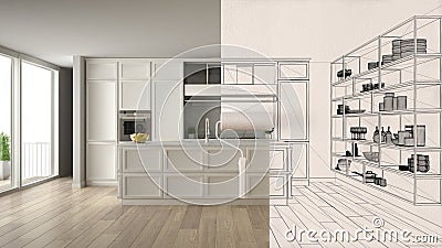 Paint roller painting interior design blueprint sketch background while the space becomes real showing modern kitchen. Before and Stock Photo