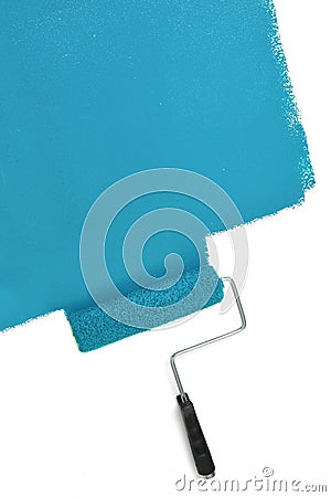 Paint Roller Painting Wall with Blue Stock Photo