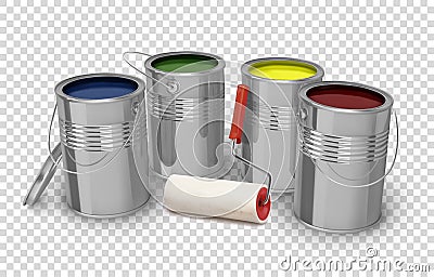 Paint roller and various paints in buckets. Cartoon Illustration