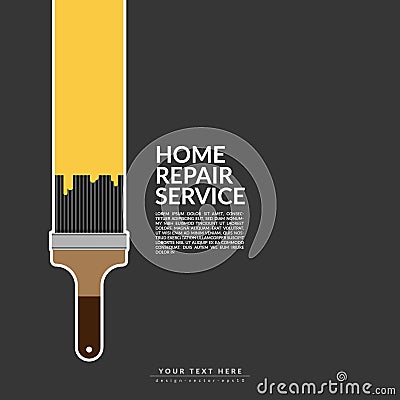 Paint roller paint yellow color over house logo isolated on black background. creative home renovation service and painting Vector Illustration