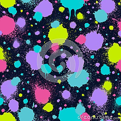 Paint splatter seamless pattern. Repeated abstract pattern. Background color splash. Grunge ink texture. Spray spatter blot. Repea Vector Illustration
