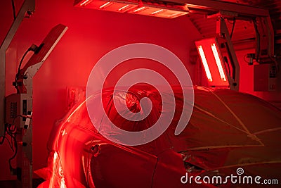 Paint Spray Booth Automotive with Infrared Heater Lamp. Paint Curing Light Stock Photo