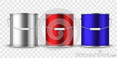 Paint steel can. Silver bucket metal cans package paint aluminum container with handle for interior renovation realistic Vector Illustration