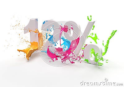 Paint twelve 12 percentages and percent in splash of colorful paint on a white background Stock Photo