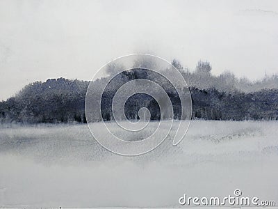 Watercolor painting ink landscape mountain reflect river in the fog. Stock Photo