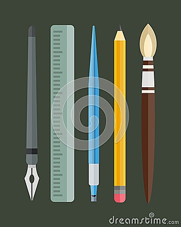 Paint and writing tools collection flat style colored stationery equipment drawing and education artist cartoon Vector Illustration